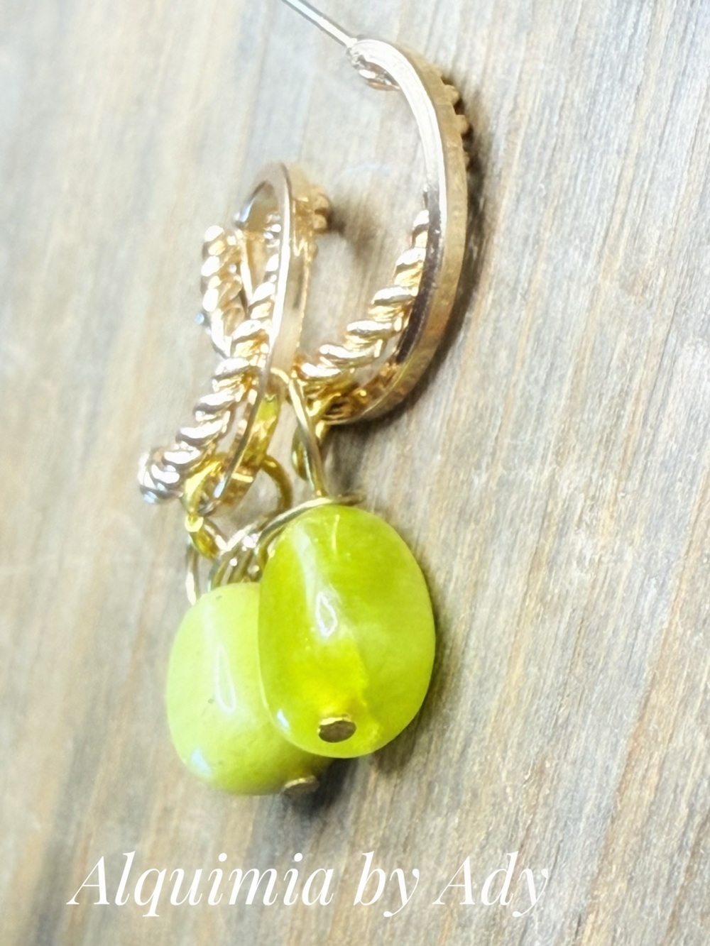 Gold Hoop Earrings with Lime green peridot big Bead Charms